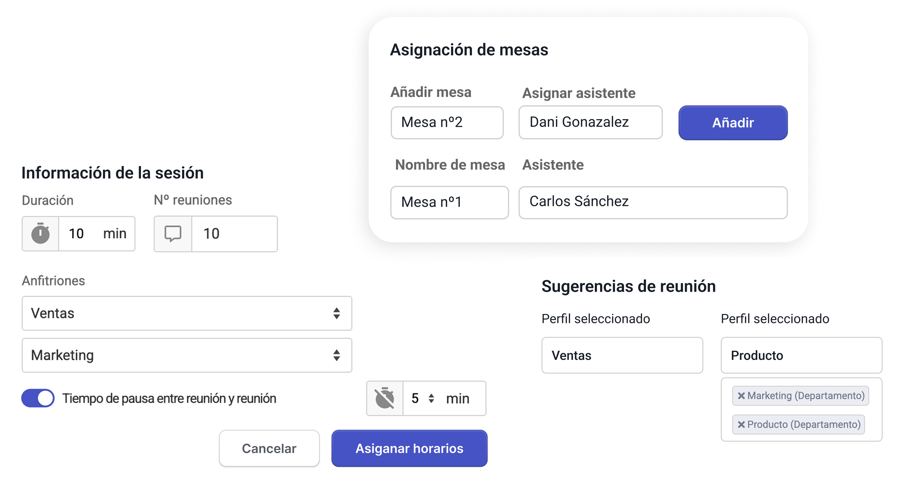Panel de matchmaking de Meetmaps
